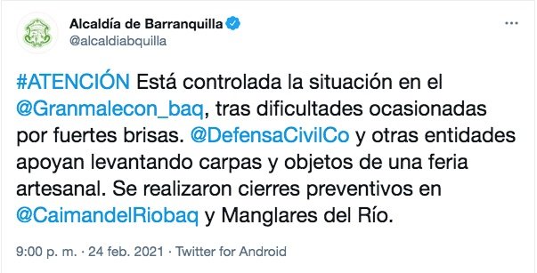 Reporte de la Alcaldía de Barranquilla
