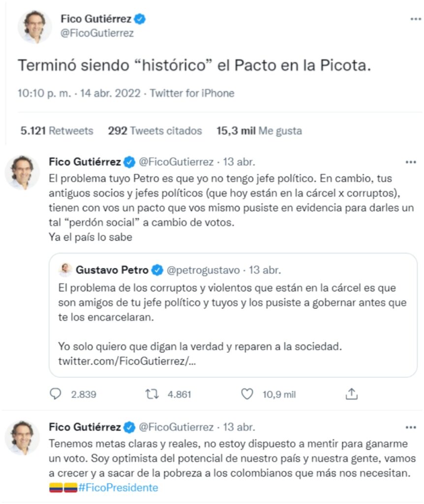 Los trinos del candidato presidencial Fico Gutiérrez sobre el "perdón social" de Petro